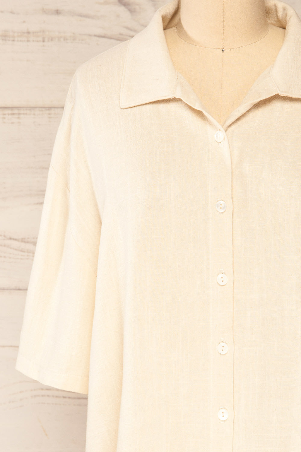 Thelma Beige Short Sleeves Button Up Shirt | La petite garçonne front close-up