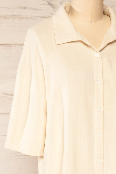 Thelma Beige Short Sleeves Button Up Shirt | La petite garçonne side close-up