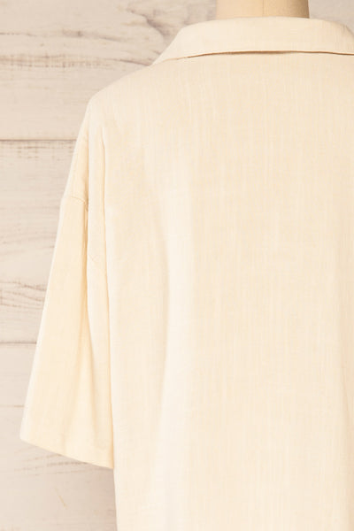 Thelma Beige Short Sleeves Button Up Shirt | La petite garçonne back close-up