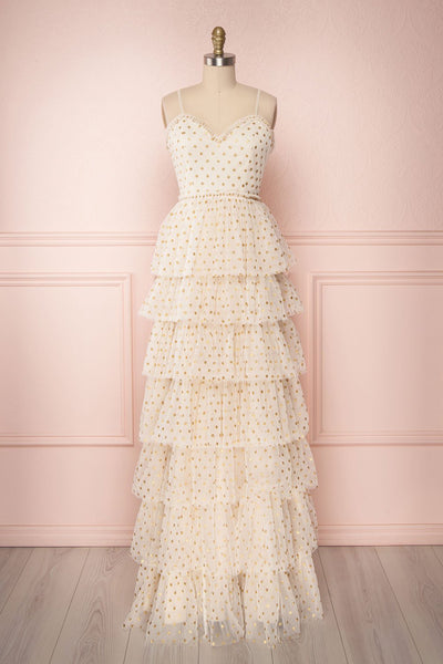 Thely Ivory & Gold Polka Dot Layered Maxi Dress | Boutique 1861