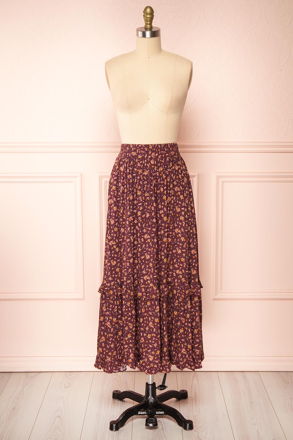 Thida High Waisted Midi Floral Skirt w/ Ruffles | Boutique 1861 front view 