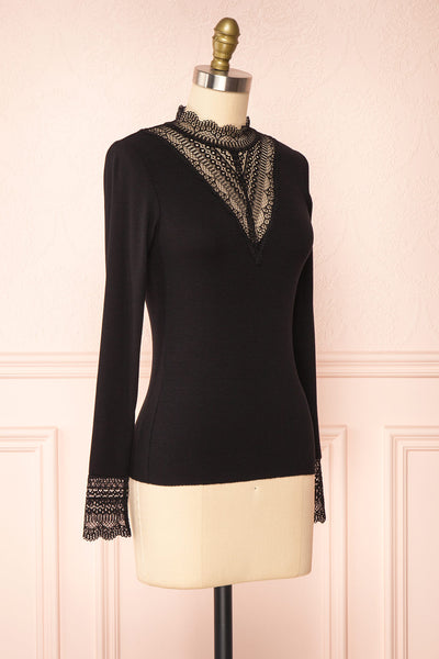 Thyra Black Long Sleeve Mock Top w/ Lace Details | Boutique 1861 side view