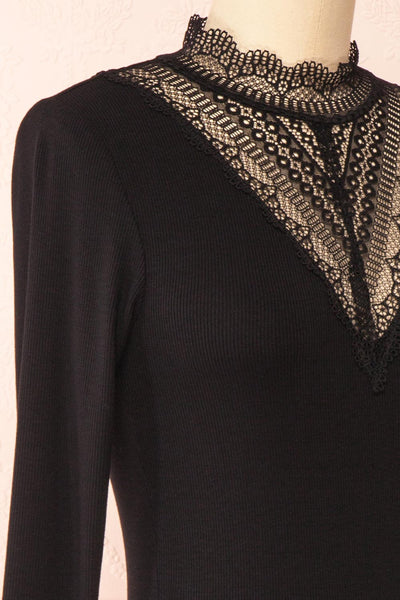 Thyra Black Long Sleeve Mock Top w/ Lace Details | Boutique 1861 side close-up