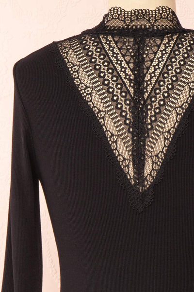 Thyra Black Long Sleeve Mock Top w/ Lace Details | Boutique 1861 back close-up