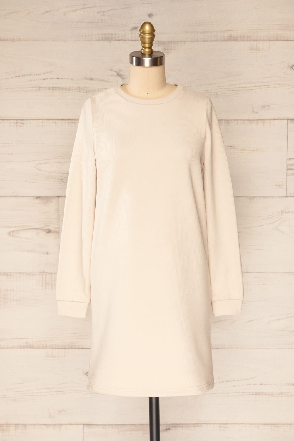 Tilburg Beige Short Ribbed Dress w/ Long Sleeves | La petite garçonne front view