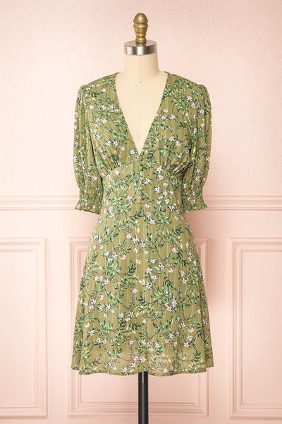 Tilda Green Floral Short Sleeve Short Dress | Boutique 1861 front view