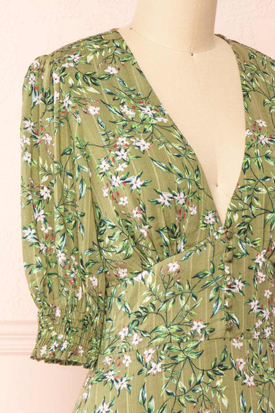 Tilda Green Floral Short Sleeve Short Dress | Boutique 1861 side close-up
