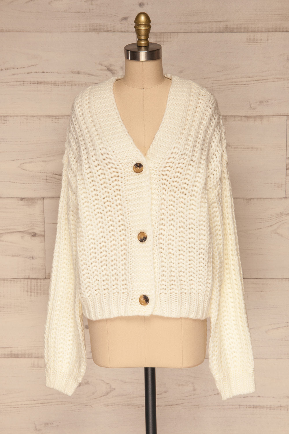 Tioumen Ivory Chunky Knit Button-Up Cardigan front view | La Petite Garçonne