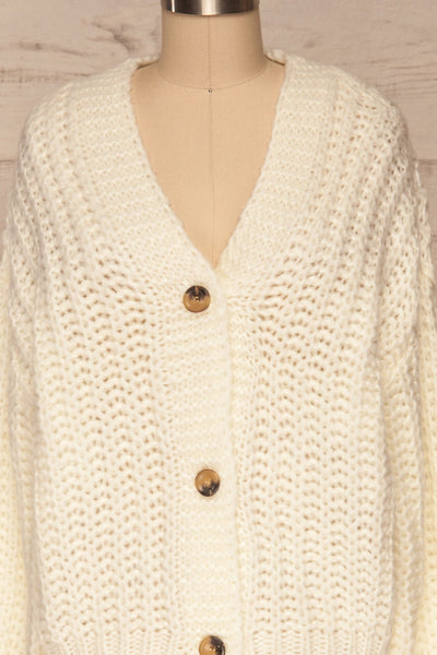 Tioumen Ivory Chunky Knit Button-Up Cardigan front close up | La Petite Garçonne