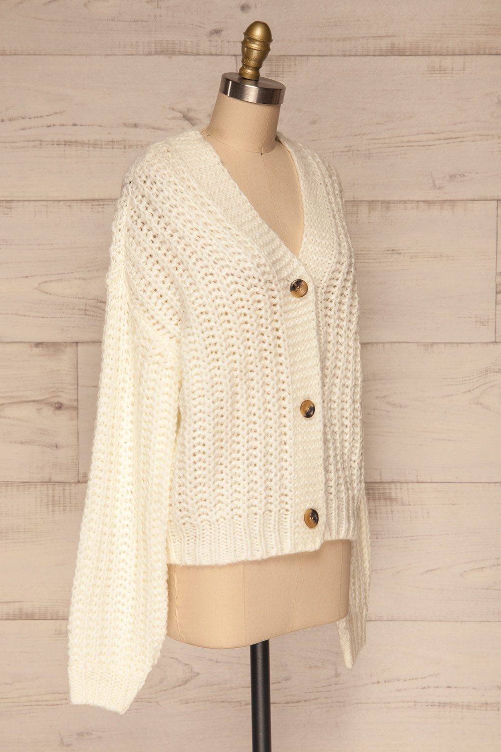 Tioumen Ivory Chunky Knit Button-Up Cardigan side view | La Petite Garçonne