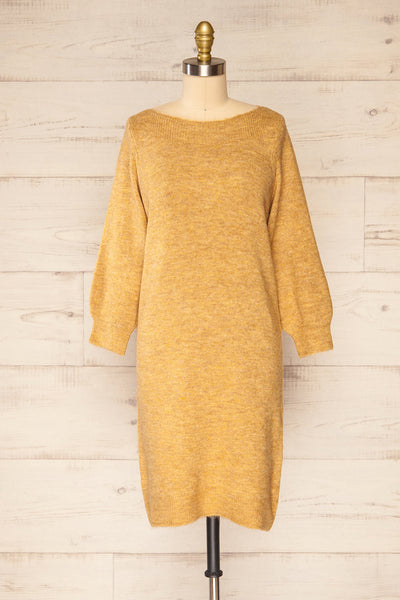 Titai Camel 3/4 Puffy Sleeve Short Sweater Dress | La petite garçonne front view