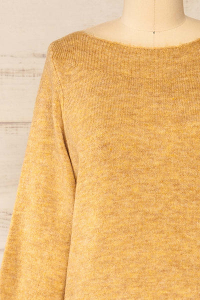 Titai Camel 3/4 Puffy Sleeve Short Sweater Dress | La petite garçonne front close-up