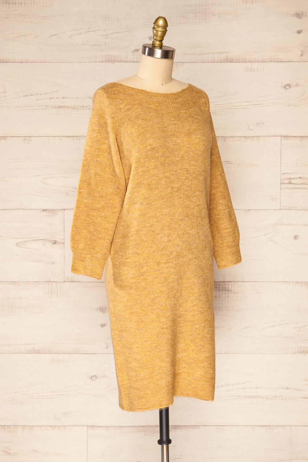 Titai Camel 3/4 Puffy Sleeve Short Sweater Dress | La petite garçonne side view