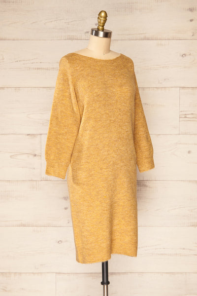 Titai Camel 3/4 Puffy Sleeve Short Sweater Dress | La petite garçonne side view