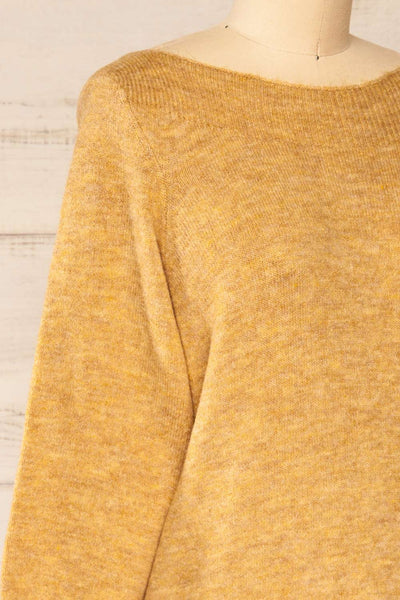 Titai Camel 3/4 Puffy Sleeve Short Sweater Dress | La petite garçonne side close-up
