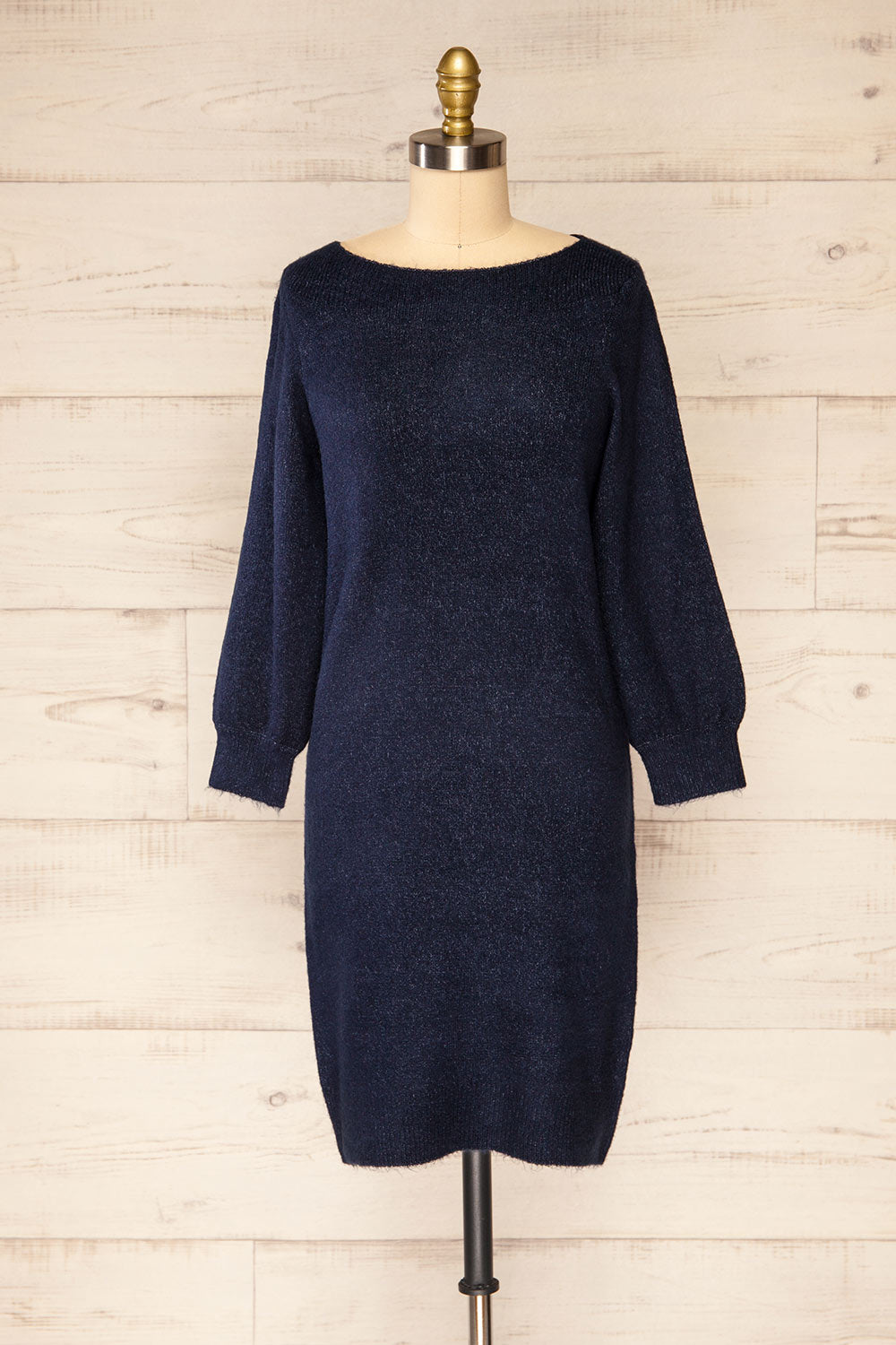 Titai Navy 3/4 Puffy Sleeve Short Sweater Dress | La petite garçonne front view