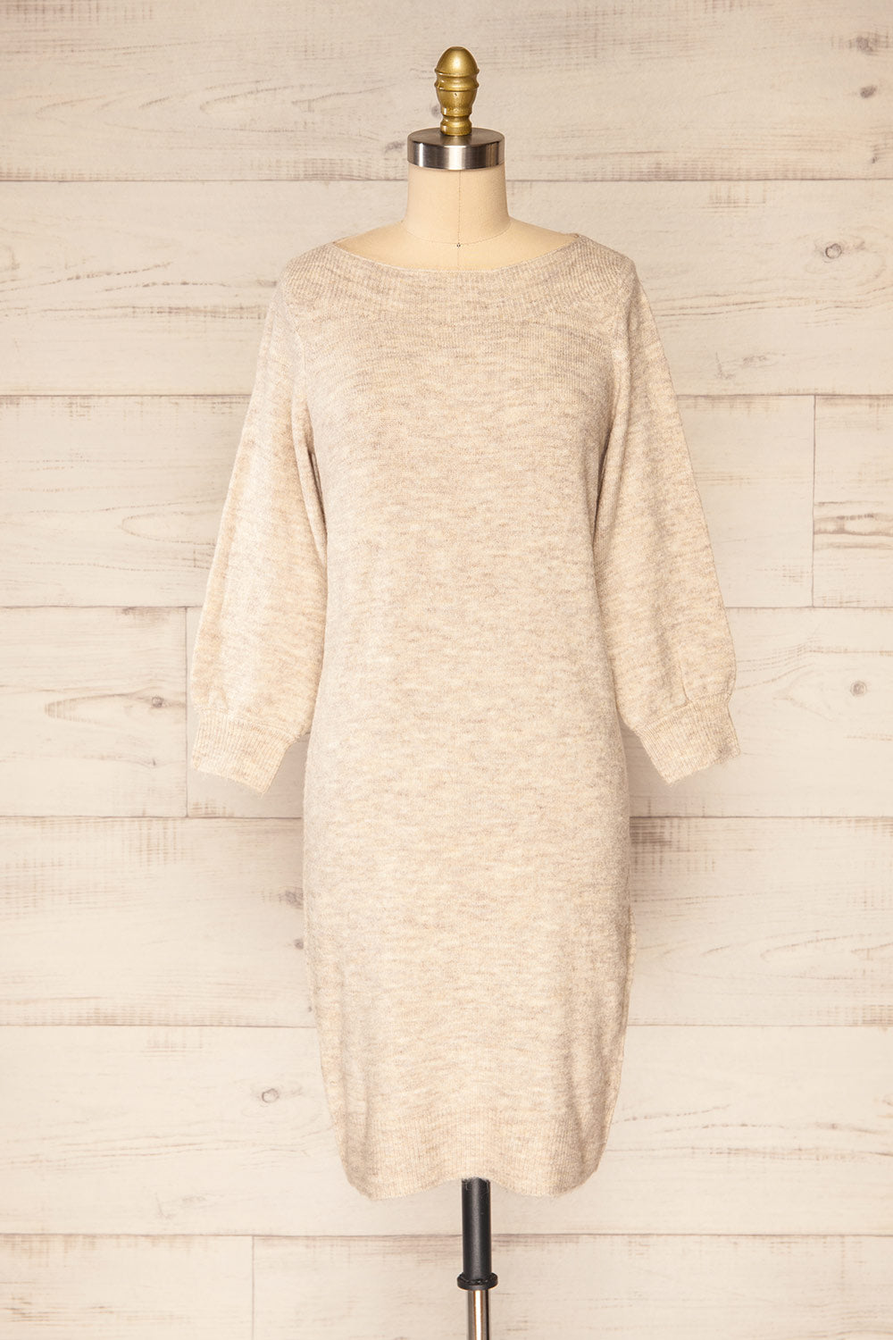 Titai Sand | 3/4 Puff Sleeve Short Sweater Dress | La petite garçonne front view 