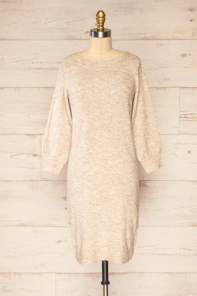 Titai Sand | 3/4 Puff Sleeve Short Sweater Dress | La petite garçonne front view