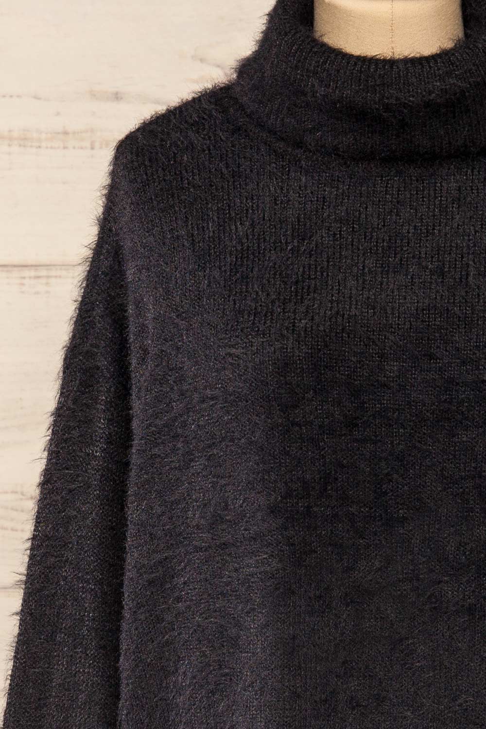 Titania Black Fuzzy Turtleneck Sweater | La petite garçonne front close-up