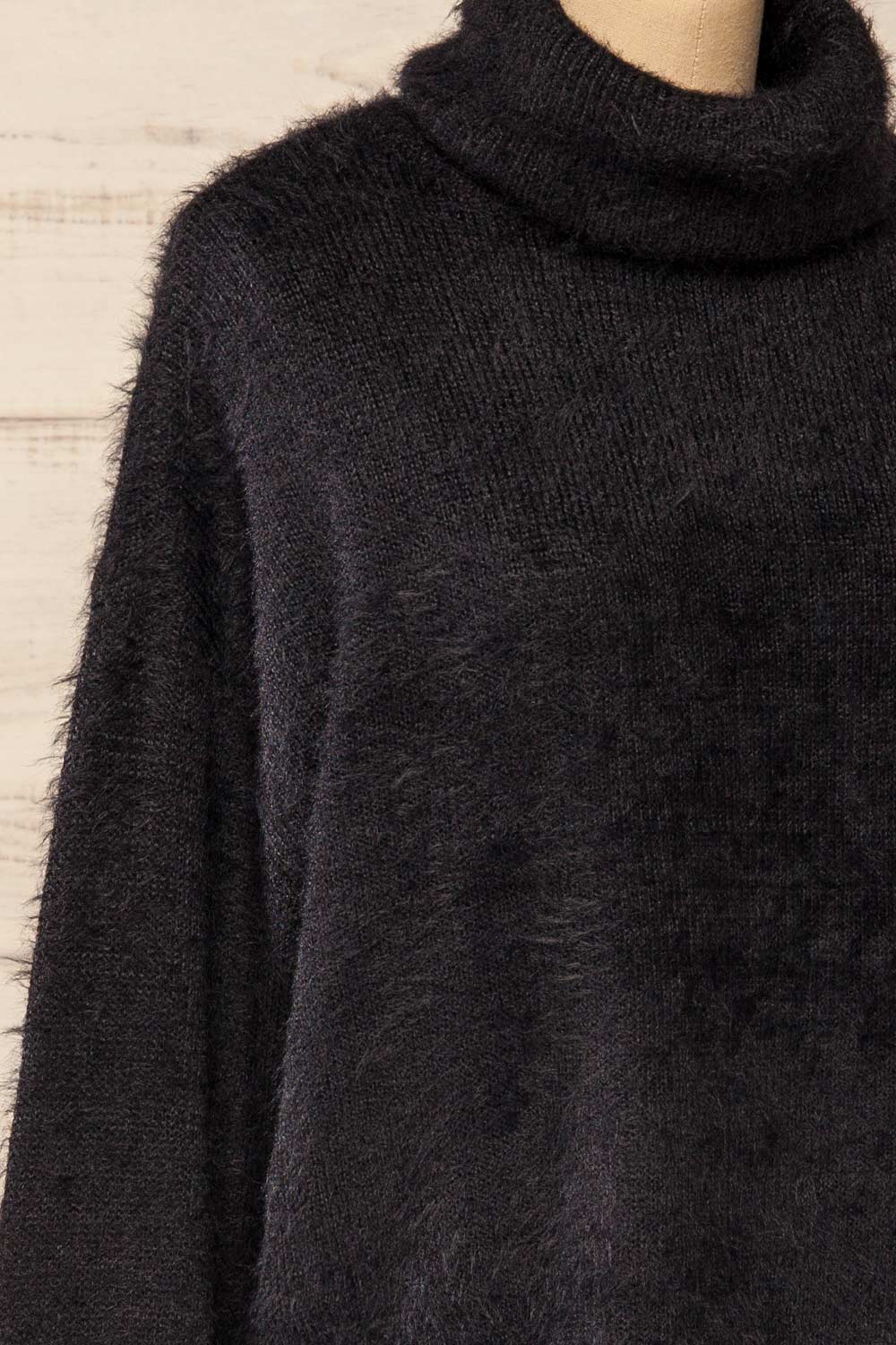 Titania Black Fuzzy Turtleneck Sweater | La petite garçonne side close-up