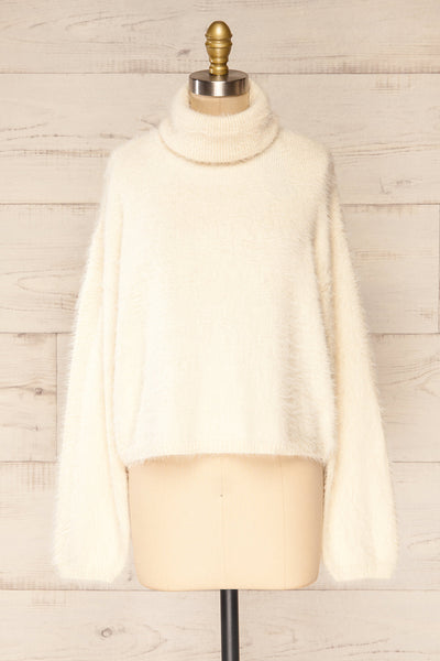 Titania Cream Fuzzy Turtleneck Sweater | La petite garçonne front view