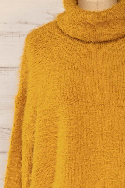 Titania Mustard Fuzzy Turtleneck Sweater | La petite garçonne front close-up