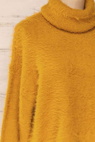 Titania Mustard Fuzzy Turtleneck Sweater | La petite garçonne side close-up