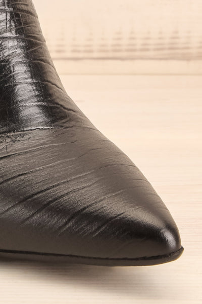 Tobi Black Crocodile Skin Heeled Ankle Boots front close-up | La Petite Garçonne
