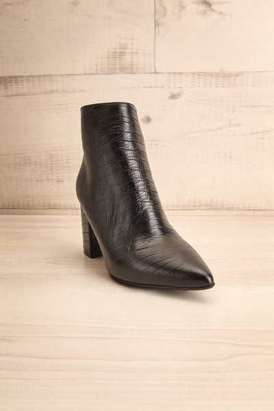 Tobi Black Crocodile Skin Heeled Ankle Boots front view | La Petite Garçonne