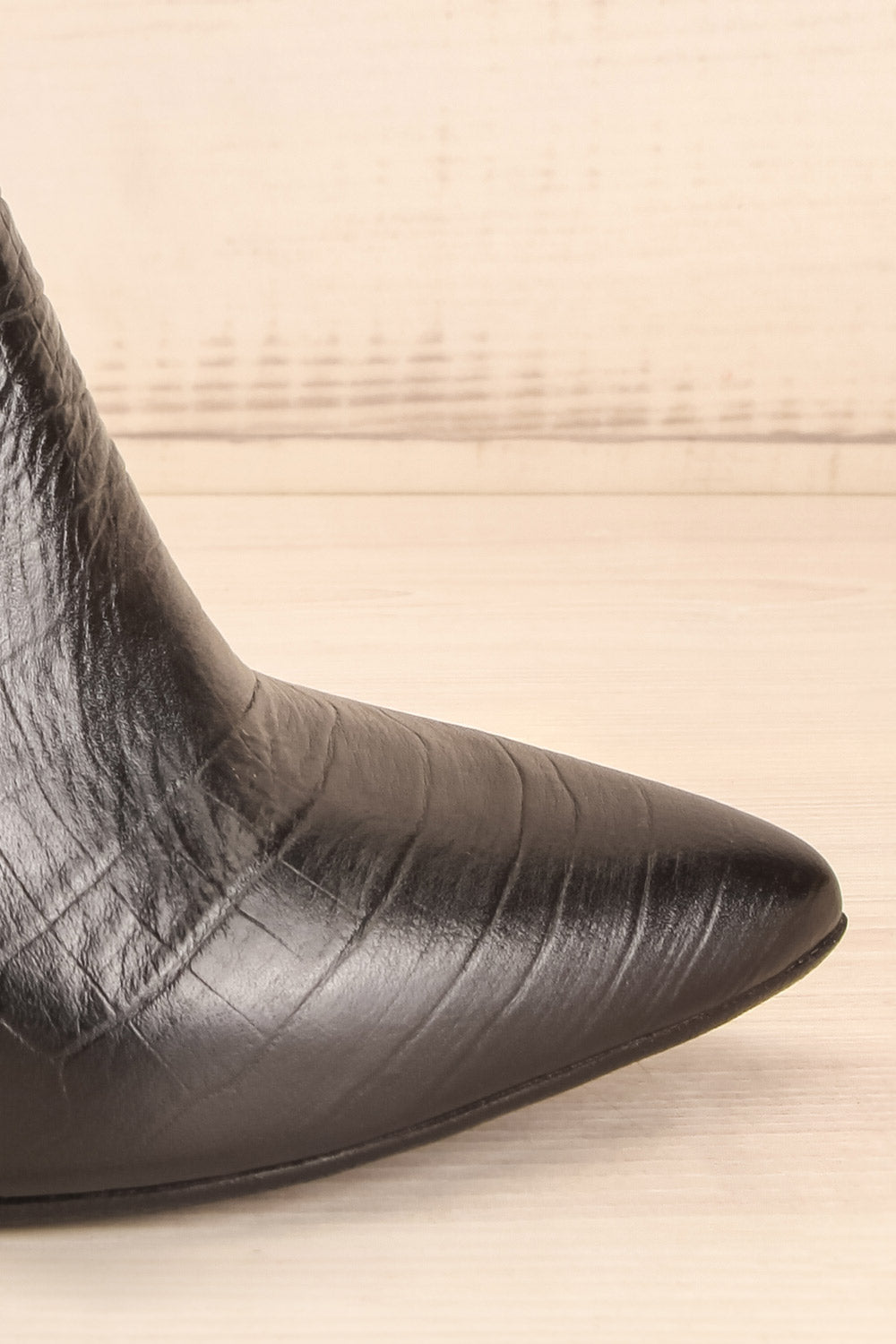 Tobi Black Crocodile Skin Heeled Ankle Boots side front close-up | La Petite Garçonne