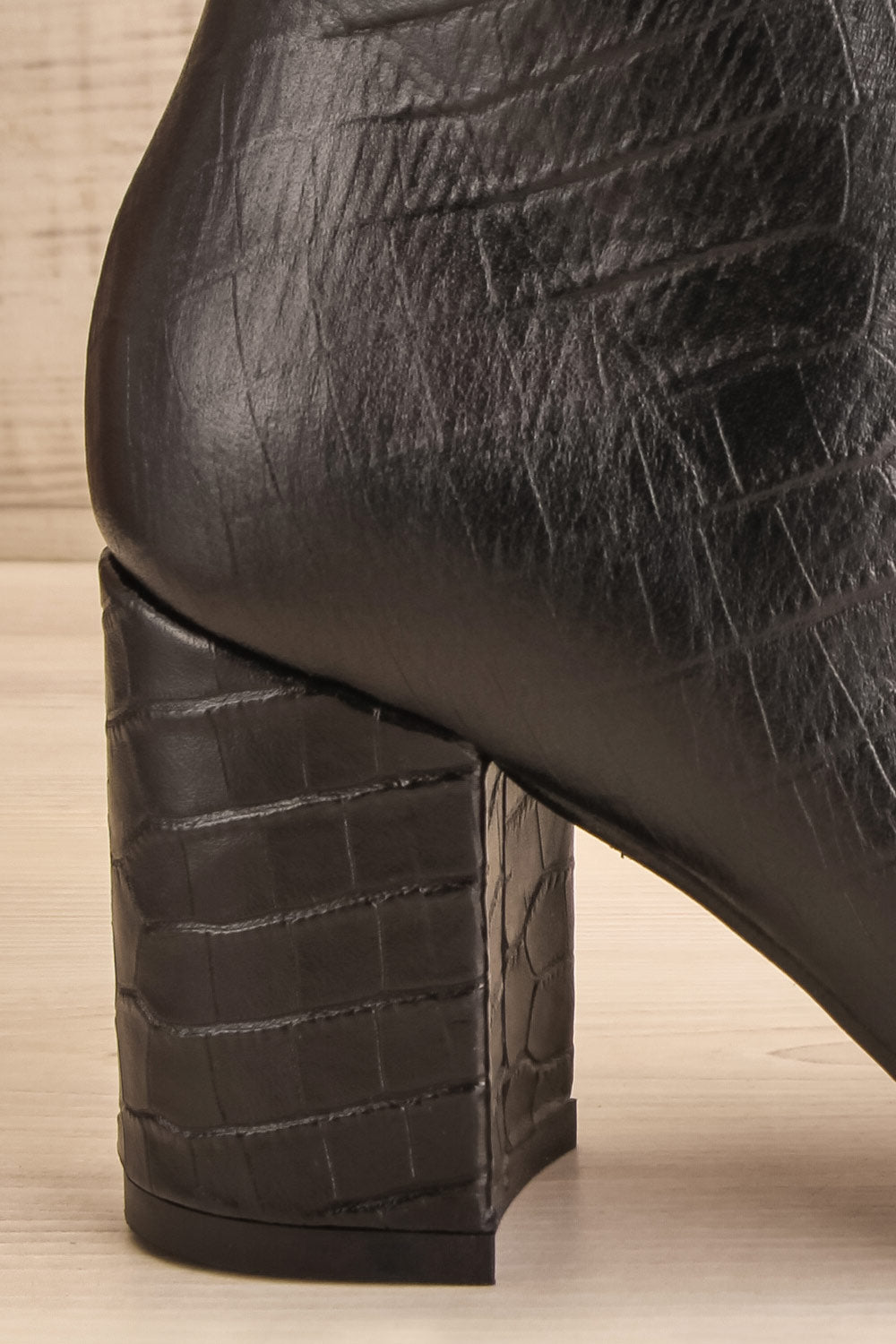 Tobi Black Crocodile Skin Heeled Ankle Boots side heel close-up | La Petite Garçonne