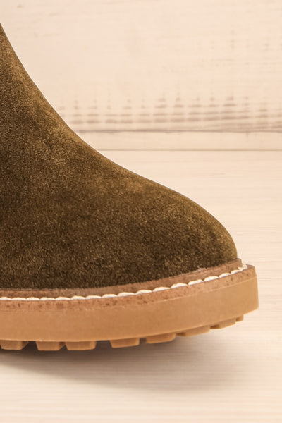 Tokio Olive Green Vegan Suede Chelsea Boots front close-up | La Petite Garçonne