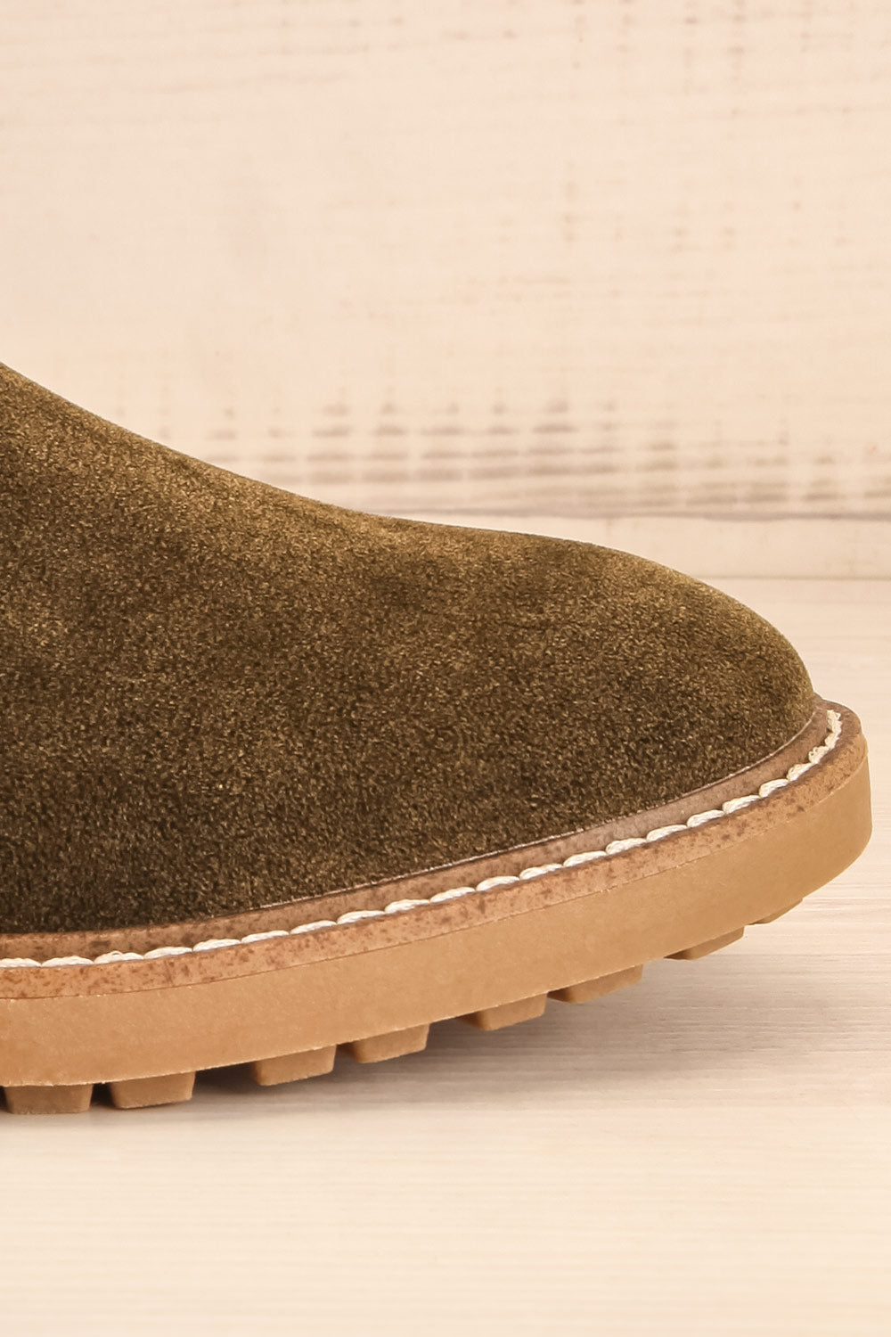 Tokio Olive Green Vegan Suede Chelsea Boots side front close-up | La Petite Garçonne