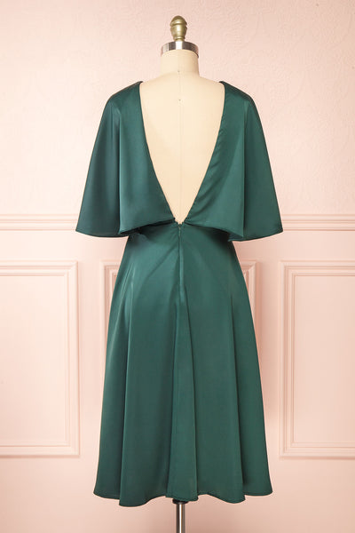 Tordis Green Satin Midi Dress w/ Bell Sleeves | Boutique 1861  back view