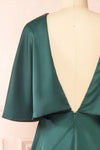 Tordis Green Satin Midi Dress w/ Bell Sleeves | Boutique 1861  back close-up
