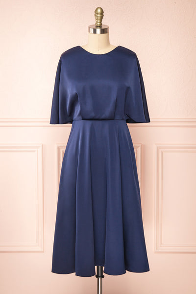 Tordis Navy Satin Midi Dress w/ Bell Sleeves | Boutique 1861 front view