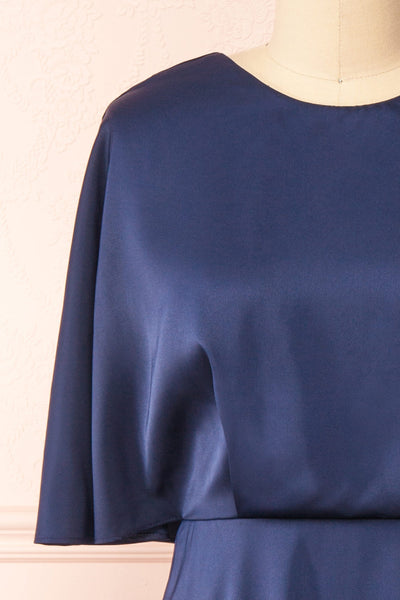 Tordis Navy Satin Midi Dress w/ Bell Sleeves | Boutique 1861 front close-up