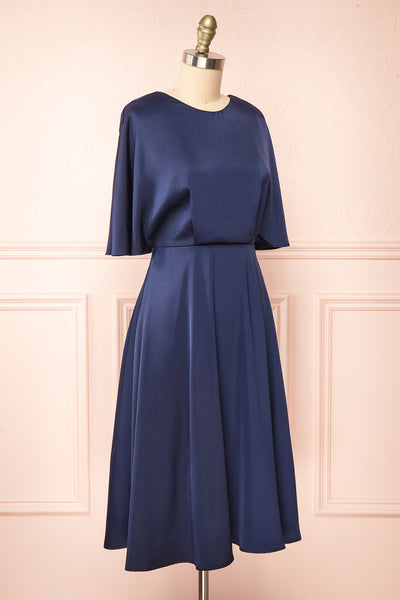 Tordis Navy Satin Midi Dress w/ Bell Sleeves | Boutique 1861 side view