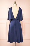 Tordis Navy Satin Midi Dress w/ Bell Sleeves | Boutique 1861 back view