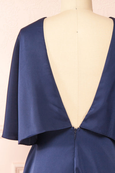 Tordis Navy Satin Midi Dress w/ Bell Sleeves | Boutique 1861 back close-up