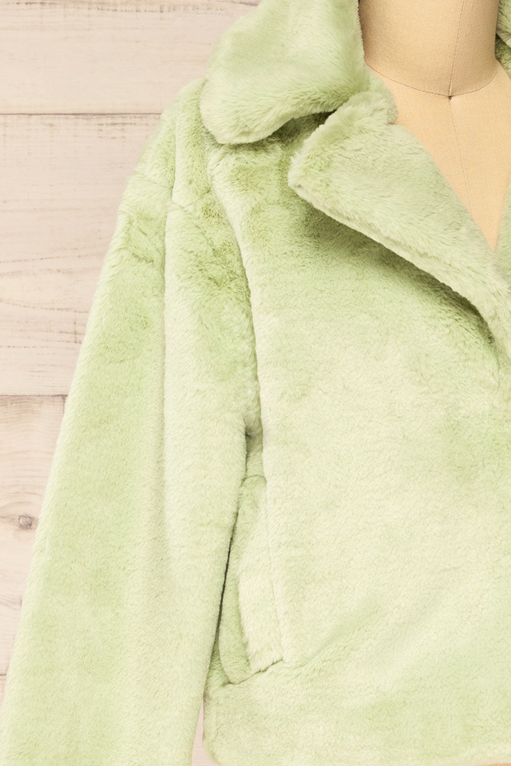 Torrent Green Soft Fuzzy Coat | La petite garçonne side close-up