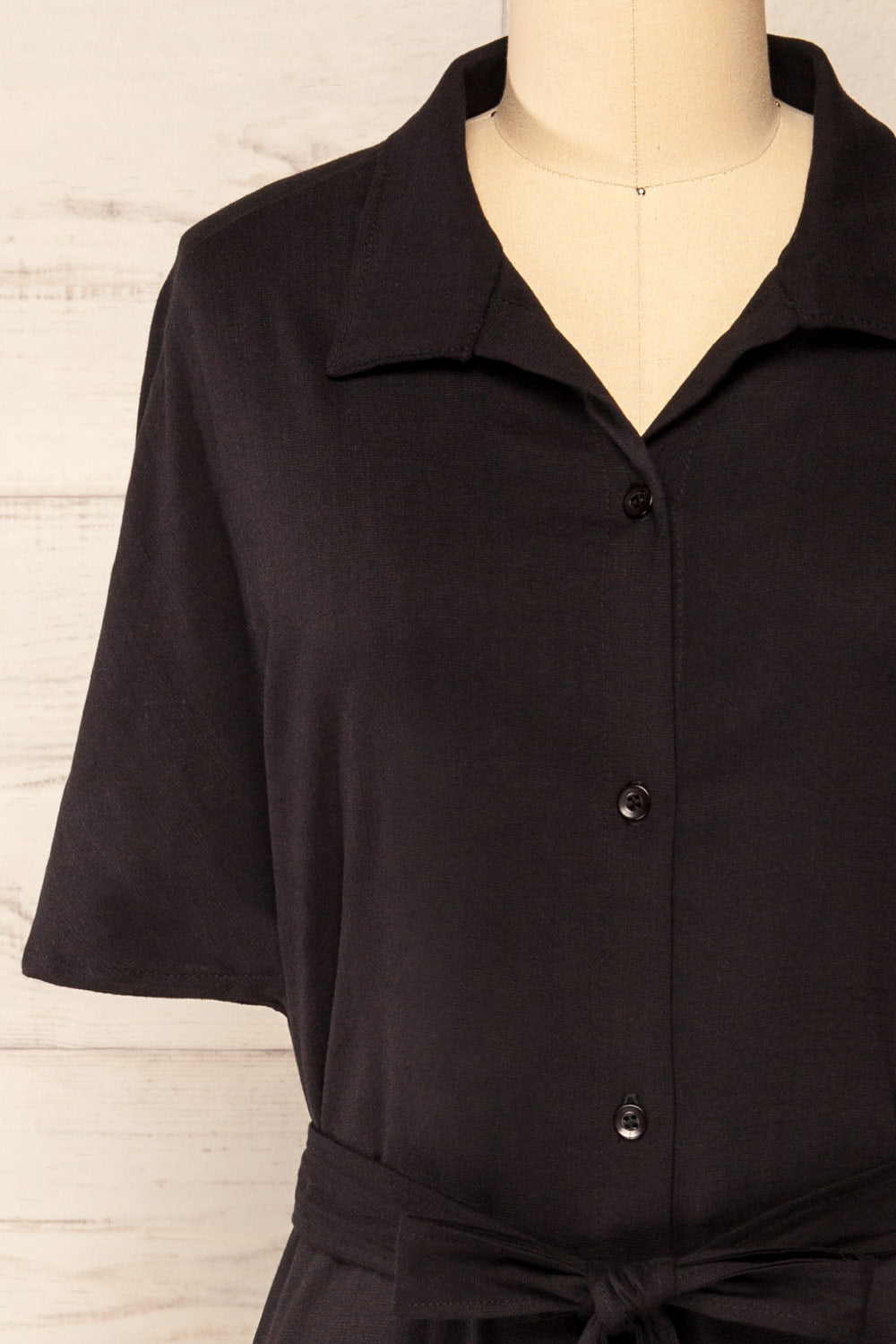 Trapani Black Short Button-Up Shirt-Dress | La petite garçonne front close-up