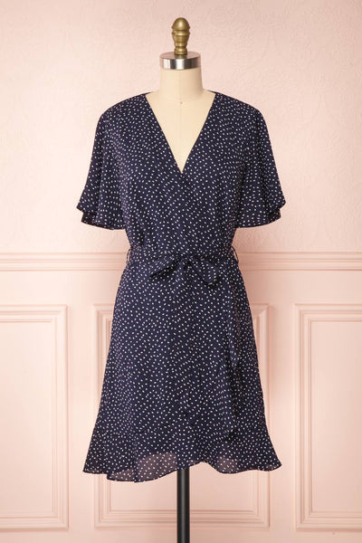 Traudel Navy Patterned Faux Wrap Dress | Boutique 1861 front view