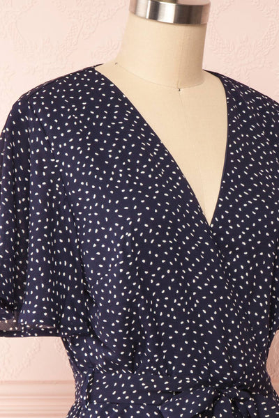 Traudel Navy Patterned Faux Wrap Dress | Boutique 1861 side close up