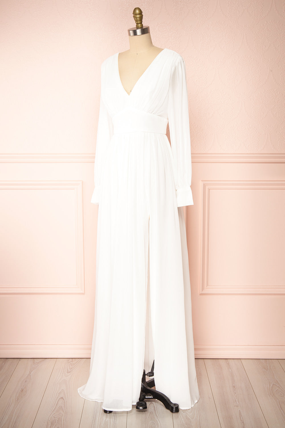 Treyloni White Long Sleeve Chiffon Maxi Bridal Dress | Boudoir 1861  side view 