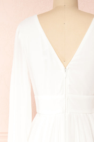 Treyloni White Long Sleeve Chiffon Maxi Bridal Dress | Boudoir 1861  back close-up