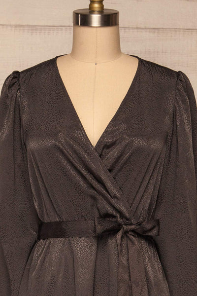 Trieste Dark Grey Satin Dress | Robe front close up | La Petite Garçonne