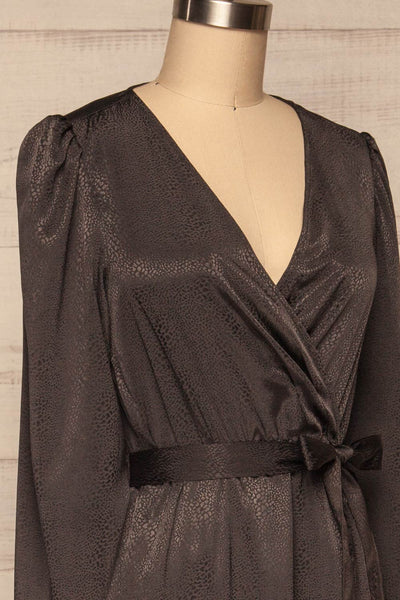 Trieste Dark Grey Satin Dress | Robe side close up | La Petite Garçonne