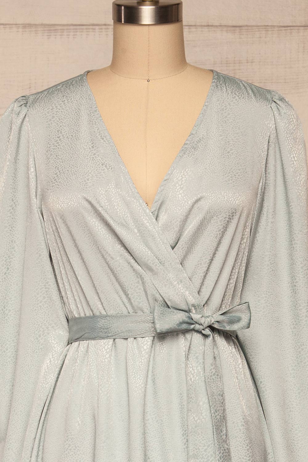 Trieste Pale Blue Satin Dress | Robe front close up | La Petite Garçonne