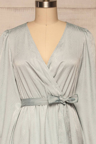 Trieste Pale Blue Satin Dress | Robe front close up | La Petite Garçonne